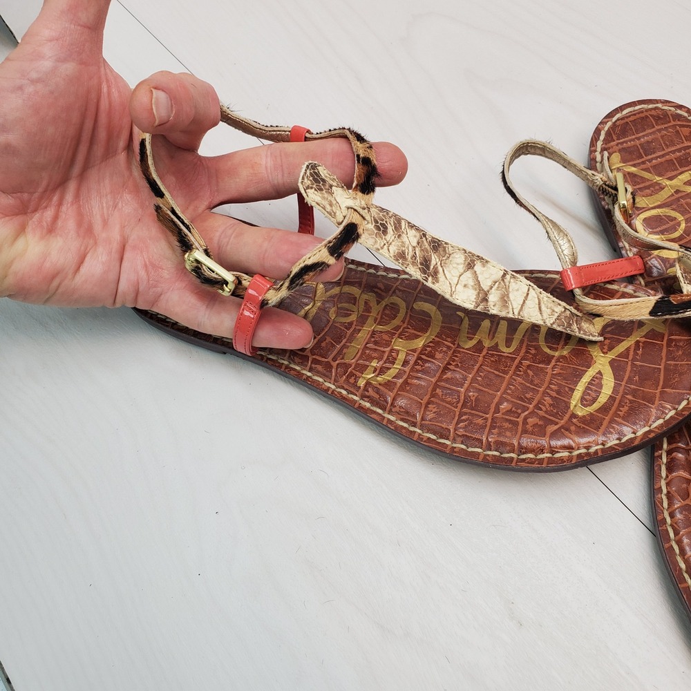 Sam Edelman Gigi Sandals Womens 9M Leopard Snake Print Coral Thong Flat Designer